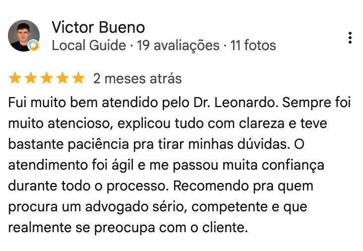Avaliação de Victor Bueno no Google, 5 estrelas: atendimento atencioso, explicou tudo com clareza.