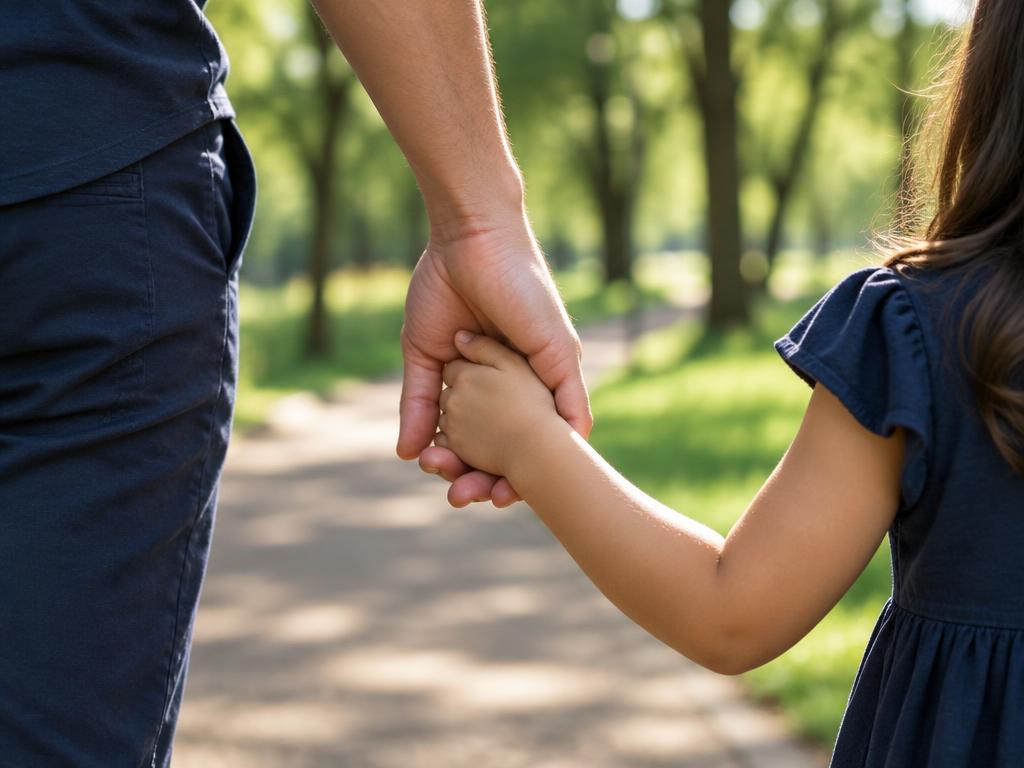 Mãos de pai e filha em um passeio